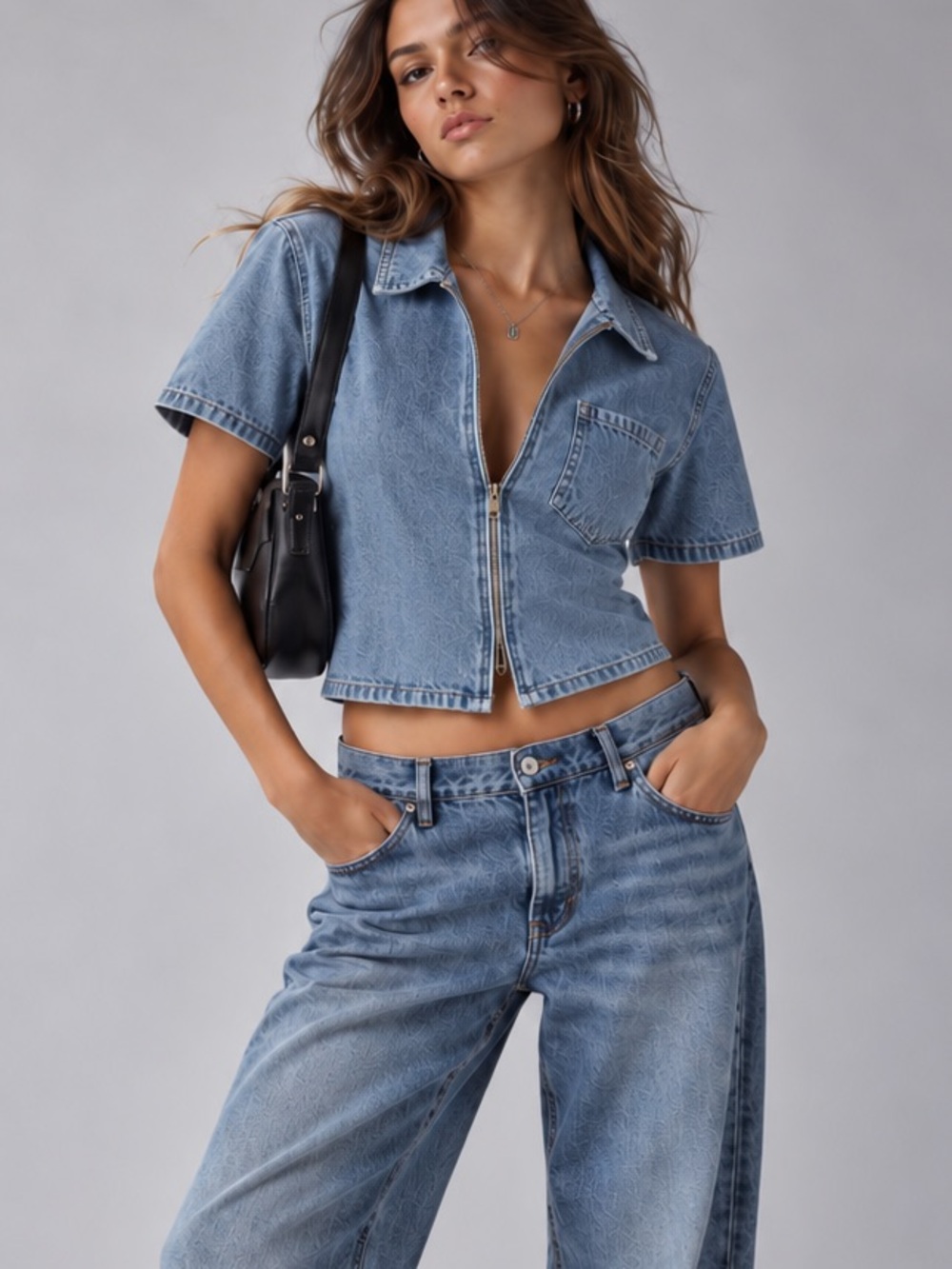 Vintage North Crest Y2K Denim Zip Front Fitted Top 100% Cotton Small Blue